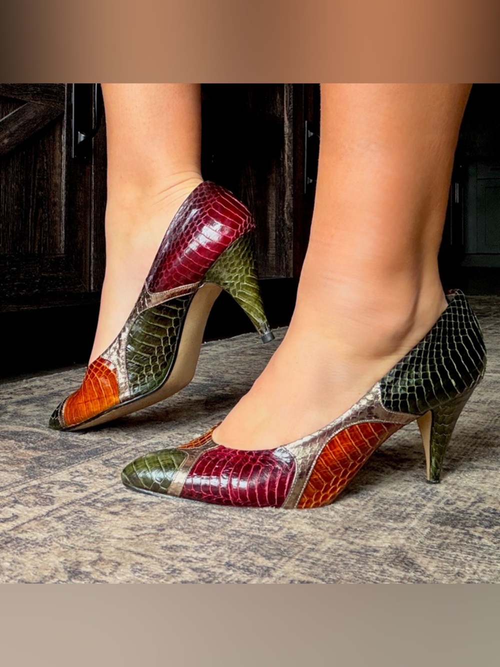 Vintage 1980s Italian Leather Snake Print Pointed Toe Pumps Glamour Size 8M